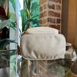 PRADA Small Re-Nylon Beige Nylon & Ostrich Leather Backpack Bag