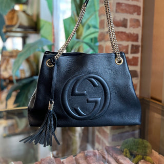 GUCCI Medium Soho Chain Black Pebbled Calfskin Leather Shoulder Bag