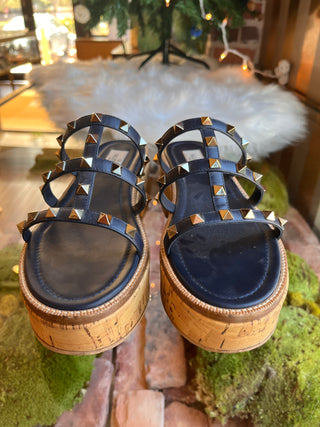 VALENTINO  Navy Blue Rockstud Cork Sandals SZ 37.5