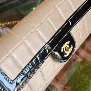 CHANEL East West Chocolate Bar Flap Beige Lambskin Patent Shoulder Bag