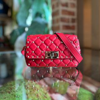 VALENTINO GARAVANI Spike Rockstud Red Quilted Nappa Leather Belt Bag SZ85(S4/6)