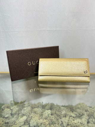 GUCCI GG Logo Gold Leather Long Wallet