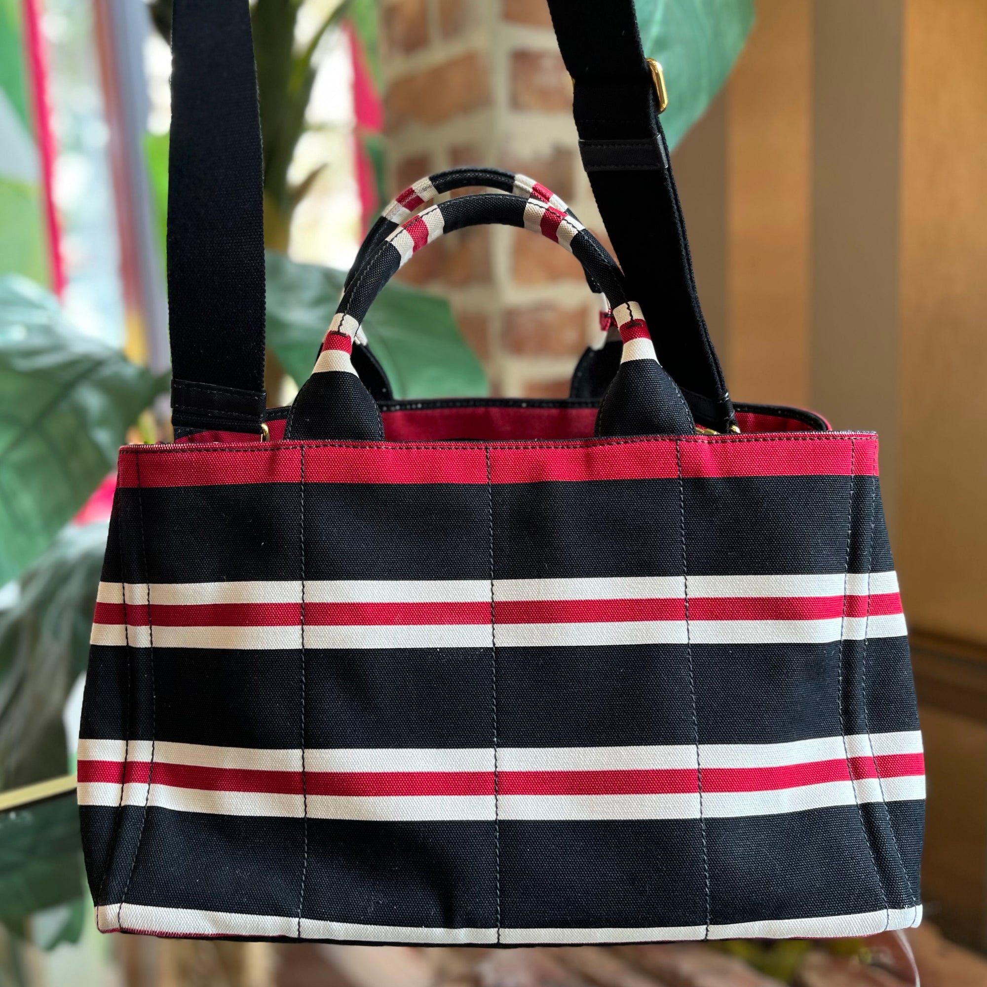 PRADA Red & Black Striped Convertible Canapa Tote Bag