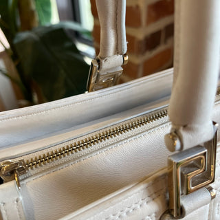 VERSACE White Greca Embroidered Leather Zip Tote