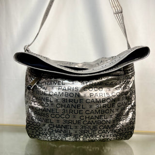 CHANEL Unlimited Ligne Silver Black Metallic Coated Canvas Shoulder Bag