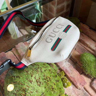 GUCCI Small Printed White Pebbled Leather Belt Bag
