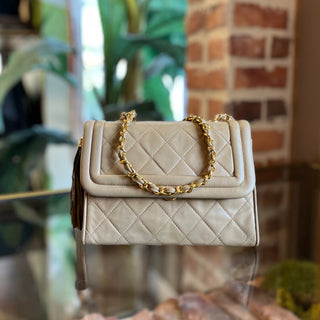 CHANEL Vintage Beige Quilted Lambskin Tassel Bag