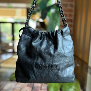 CHANEL Small Chanel 22 So Black Quilted Shiny Calfskin Leather Shoulder Bag
