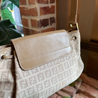 FENDI Medium Drawstring Flap Zucca Canvas Leather Hobo Bag