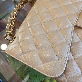 CHANEL Classic Jumbo Double Flap Beige Quilted Caviar Shoulder Bag