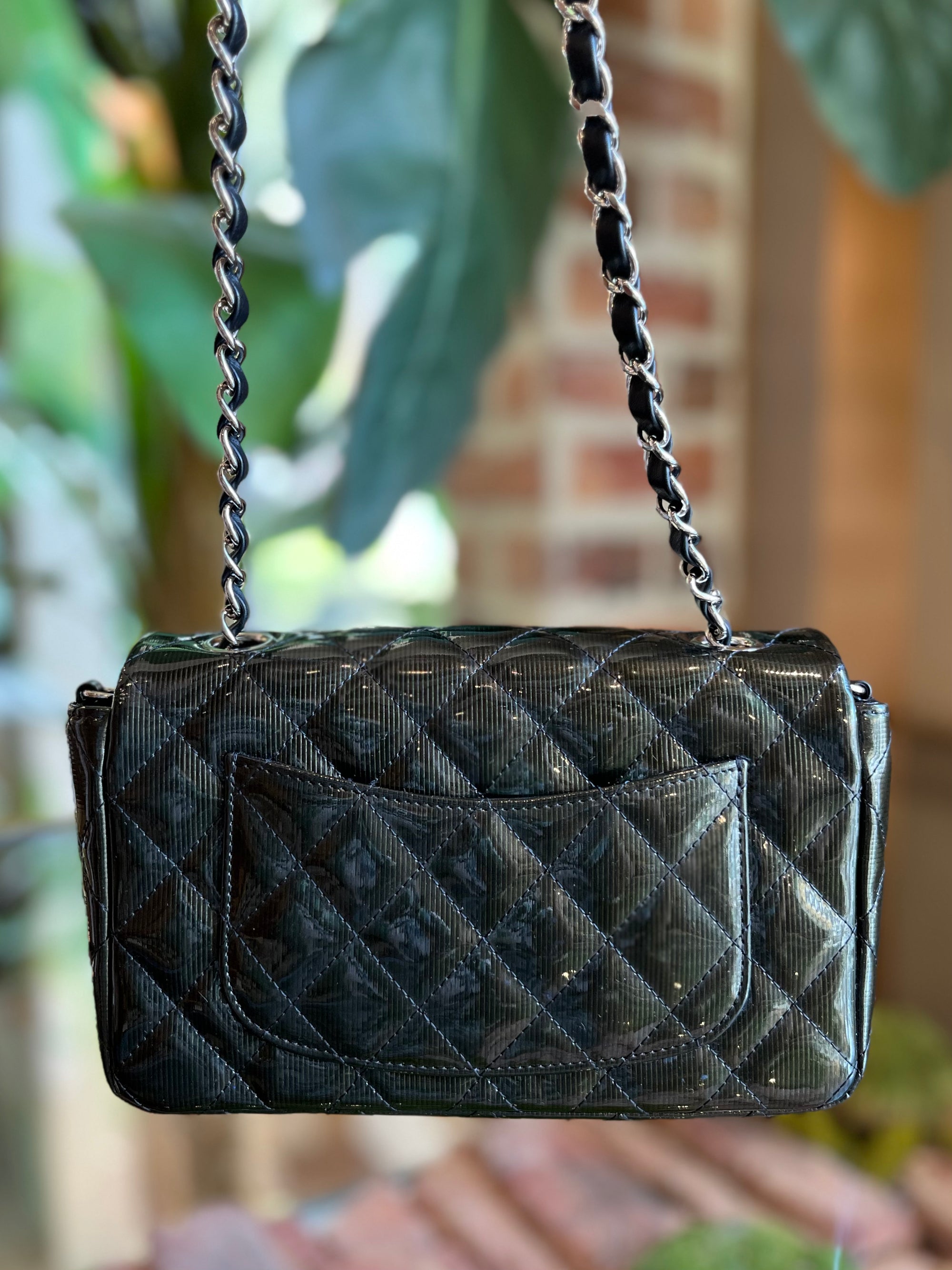CHANEL Green Quilted Striated Patent Leather Mini Rectangle Flap Bag