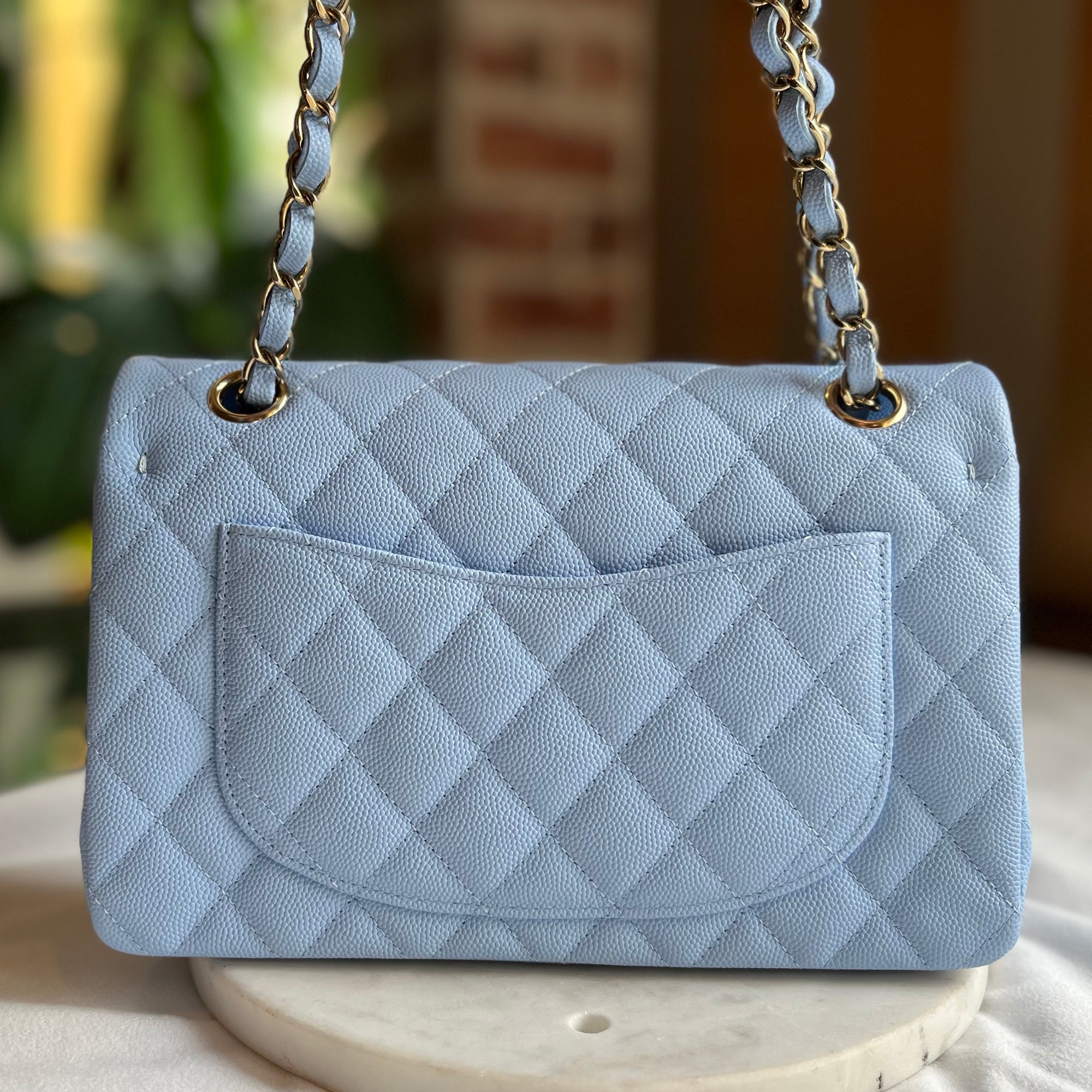 CHANEL Light Blue Caviar Quilted Small Double Flap
