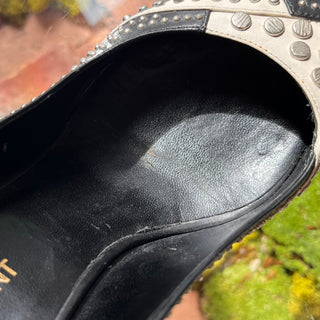 SAINT LAURENT Paris 105 Studded Black/White Leather Heels SZ 37.5 (US 7.5)