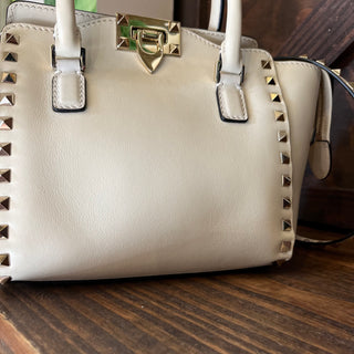VALENTINO Trapeze Small White Calfskin Leather Rockstud Tote