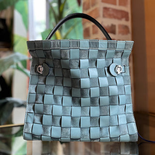 TORY BURCH Lee Radziwill Blue Double Woven Leather Tote