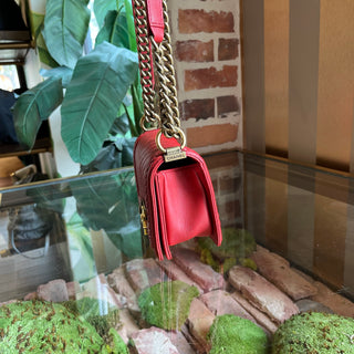 CHANEL Small Boy Bag Red Chevron Caviar Leather Braided Shoulder Bag