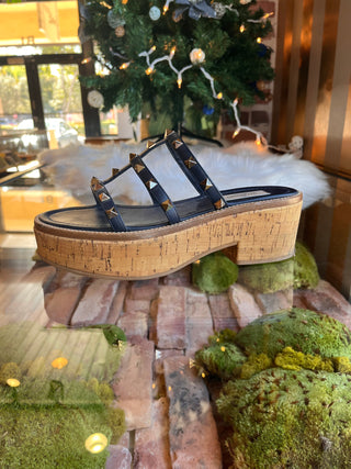 VALENTINO  Navy Blue Rockstud Cork Sandals SZ 37.5