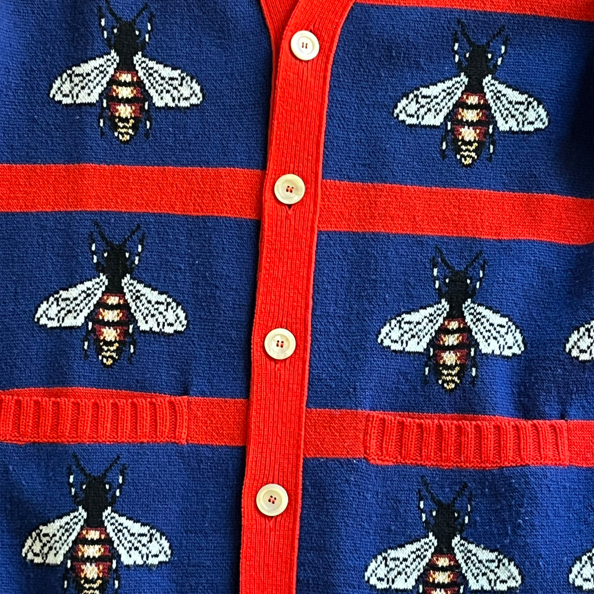 GUCCI Blue/Red Bee Jacquard Wool Cardigan SZ XL