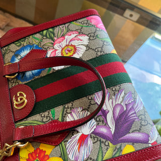 GUCCI Ophidia Small Red GG Supreme Monogram Flora Web Tote Bag