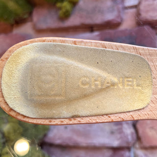 CHANEL CC Yellow Suede Beige Wood Clog Heels SZ 36 (US 6)