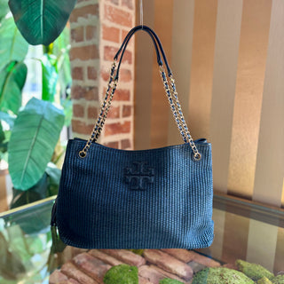 TORY BURCH Navy Blue Raffia Tote