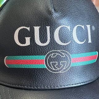 GUCCI Black Grained Leather Logo Baseball Hat M 58