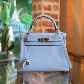 HERMES Kelly 28 Bleu Lin Evercolor Top Handle Bag