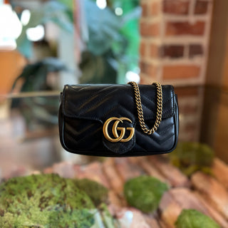 GUCCI GG Marmont Mini Black Matelasse Chevron Lambskin Leather Shoulder bag