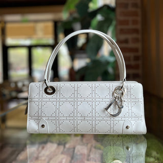 DIOR Lady Dior East West White Calfskin Leather Studded Tote Bag