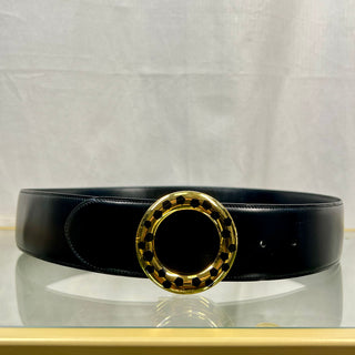 CARTIER Black Leather Gold-Tone Panthere Round Buckle Belt TS3798