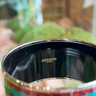 HERMES Multicolore Brazil Printed Enamel Palladium Plated Extra Wide Bangle Bracelet