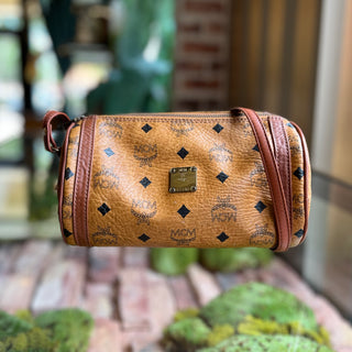 MCM Cognac Visetos Tan Canvas Barrel Crossbody Bag