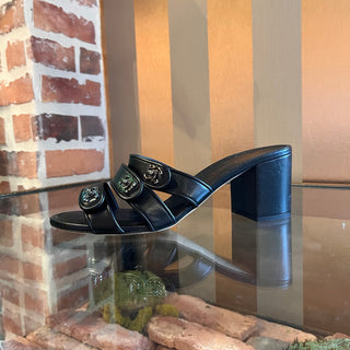 CHANEL Black Leather CC Turn Lock Block Heel Sandals SZ 39.5 (US 9.5)