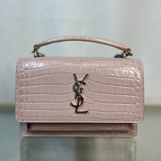 SAINT LAURENT Sunset Wallet on Chain Croc Embossed Pink