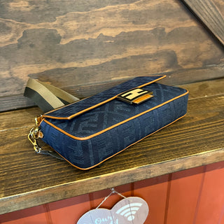 FENDI Baguette Blue Denim Cuoio Vitello King FF Embroidered Shoulder Bag