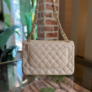 CHANEL Jumbo Double Flap Beige Caviar Quilted Leather Shoulder Bag