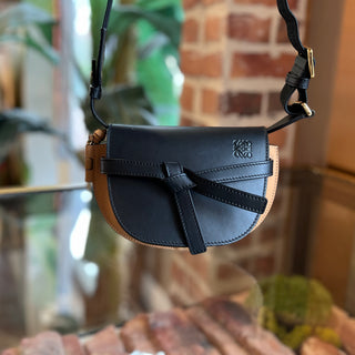 LOEWE Mini Gate Dual Black & Warm Desert Calfskin Jacquard Crossbody Bag