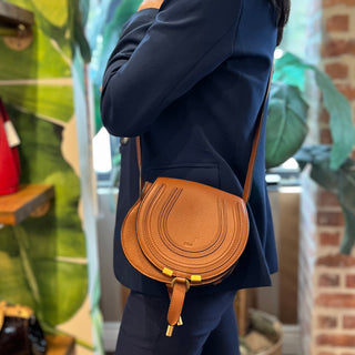 CHLOE Marcie Saddle Mini Brown Grained Calfskin Leather Shoulder Bag