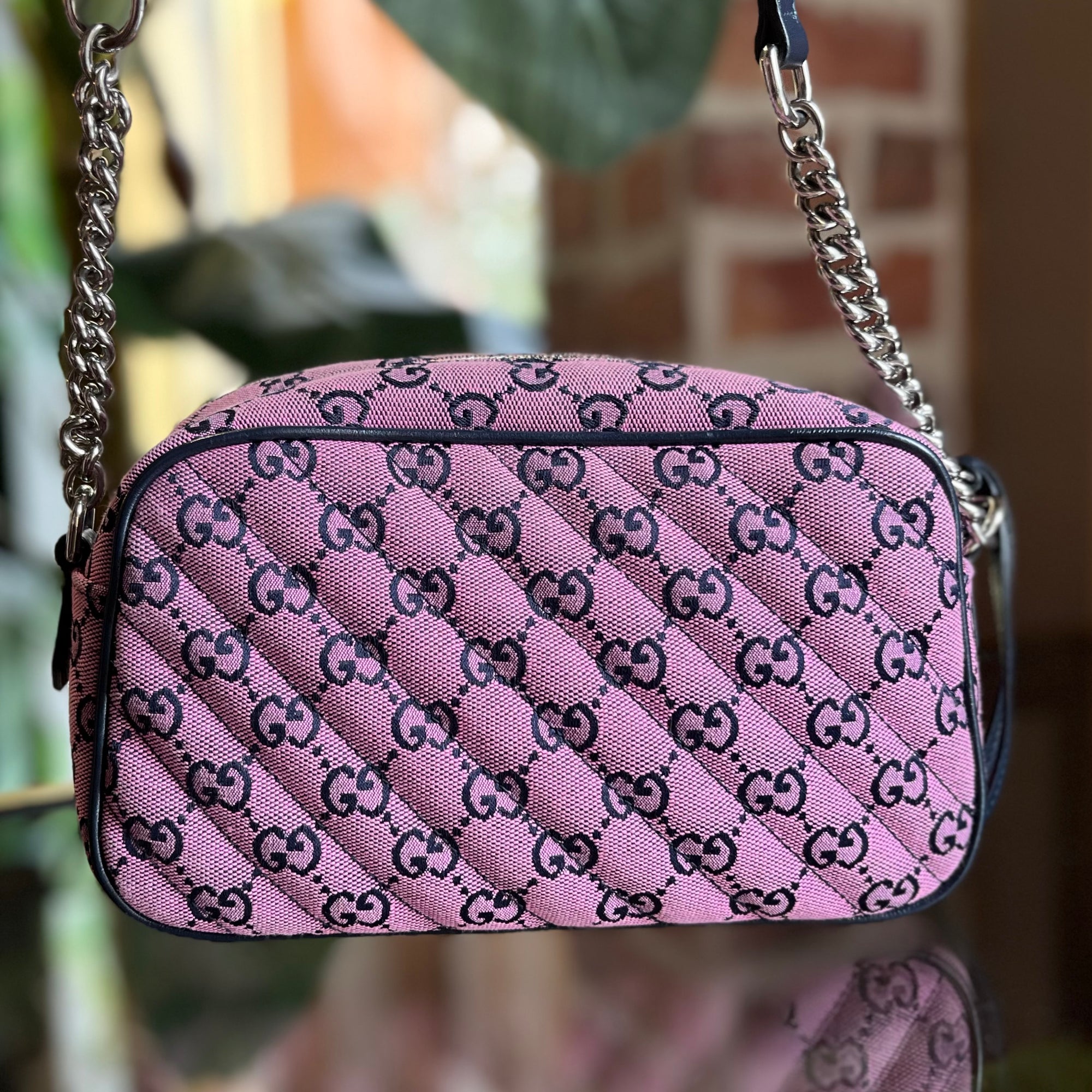 GUCCI Pink Monogram Multicolor Matelasse Diagonal Small GG Marmont Chain Shoulder Bag