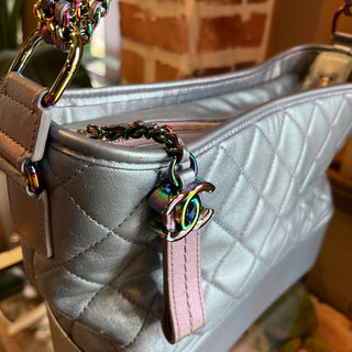 CHANEL Small Gabrielle Blue Iridescent Quilted Calfskin Leather Hobo Bag