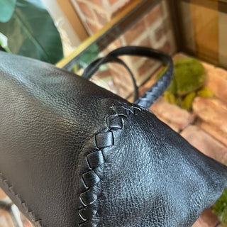 BOTTEGA VENETA Black Leather Intrecciato Trim Tote Bag