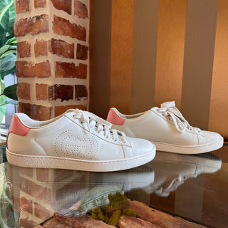 GUCCI Ace White Leather Perforated GG Sneakers SZ 38.5 (US 8.5)