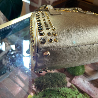 PRADA Pyramid Studded Gold Saffiano Lux Leather Satchel