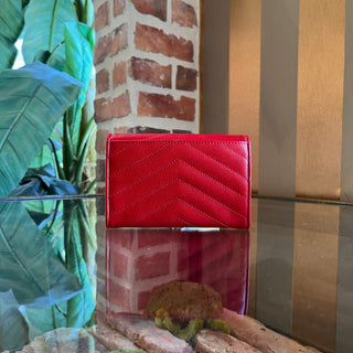 SAINT LAURENT Red Leather Chevron Compact Wallet