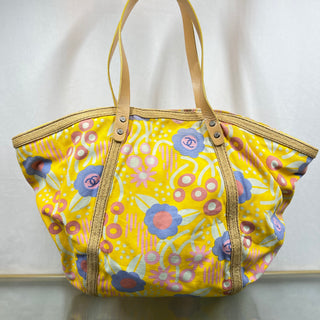 CHANEL High Summer Yellow Canvas Vintage CC Floral Printed Tote Bag