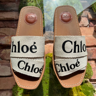 CHLOE White Woody Linen Ribbon Slip On Mule SZ 36 (US 6)