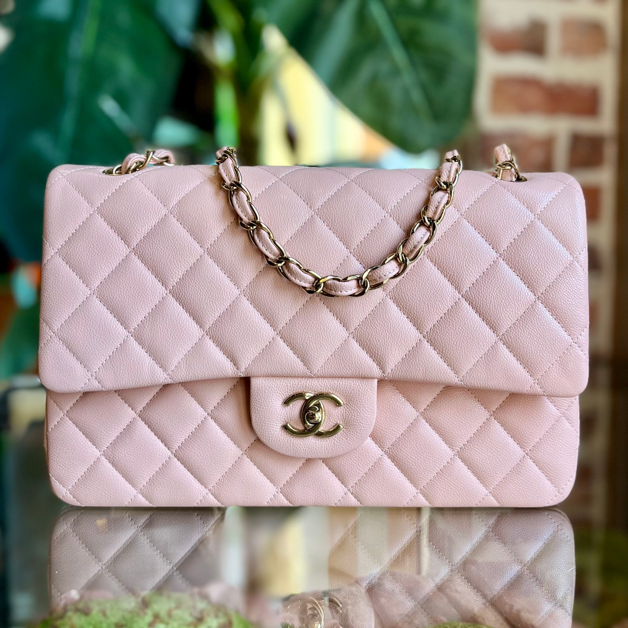 CHANEL Light Pink Caviar Leather Quilted Jumbo Double Flap