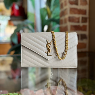 SAINT LAURENT Classic Cassandre Chain Dark Beige Grain De Poudre Leather Crossbody