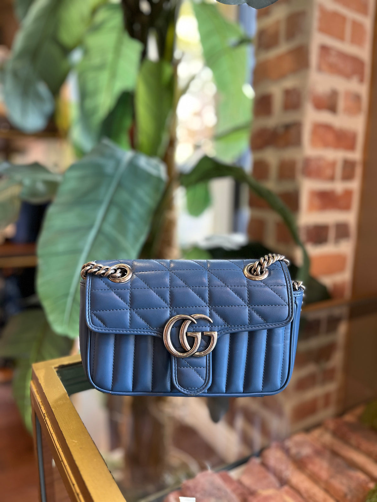 GUCCI Blue Leather Aria Marmont Small Shoulder Bag The Purse Ladies