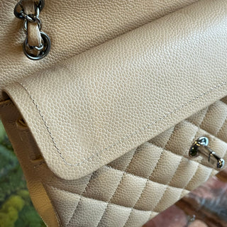 CHANEL Double Flap Small Beige Caviar Quilted Leather Shoulder Bag